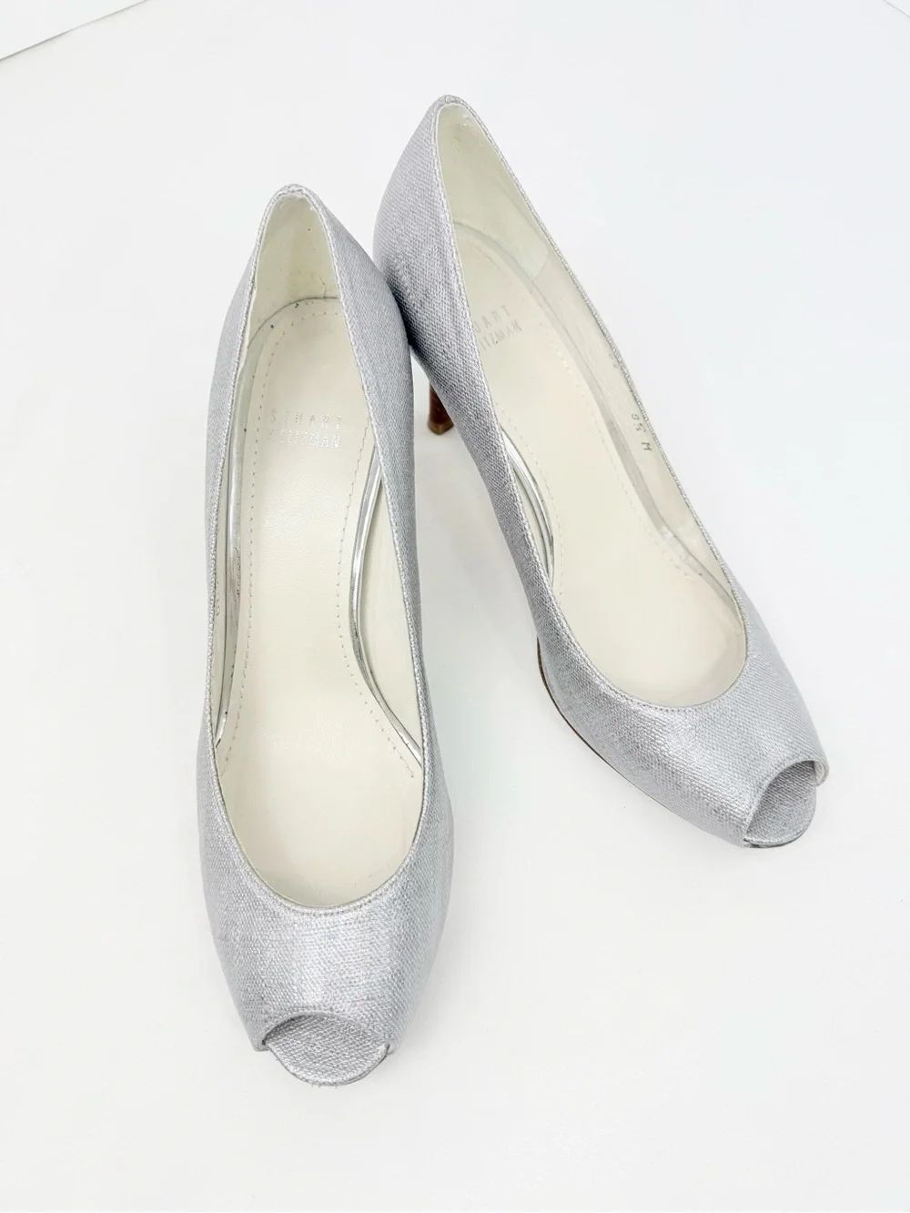 Stuart Weitzman Metallic Pewter Silver Peep Toe Wood Heel Pumps